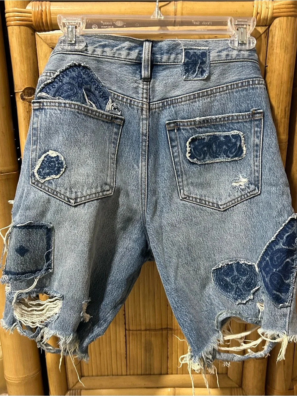 Free People We The Free Distressed Patchwork Long Denim Shorts